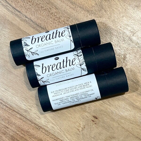 Breathe Balm- Organic sinus stick, headaches, allergies, no preservatives, no artificial color or scent, plastic free compostable tube.