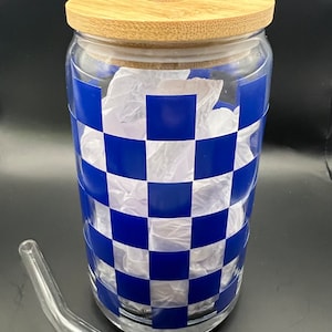 Blue Checkered Print 16oz Glass Cup | Aesthetic Iced Coffee Cup | Retro Tumbler with Lid & Straw | Reusable Drinkware for Cold Beverages