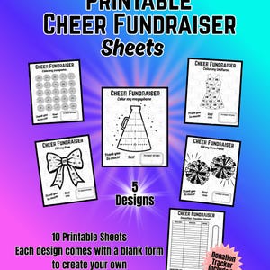 May include: Printable cheer fundraiser sheets with 5 designs. Each sheet features a different cheerleading-themed graphic, including pom-poms, a megaphone, and a bow. Includes a donation tracker.