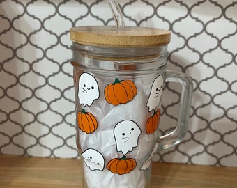 Pumpkin Ghost Glass Cup with Handle: Spooky Halloween Iced Coffee Tumbler