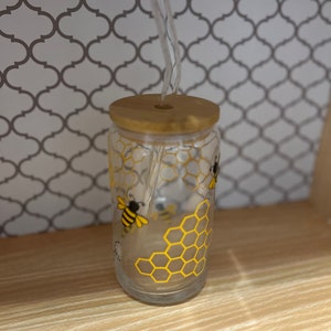 Bee Honeycomb Glass Can Cup: 16oz Iced Coffee Tumbler with Lid & Straw