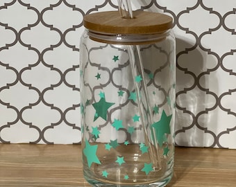 Star Glass Cup: 16oz Beer Can with Bamboo Lid & Glass Straw