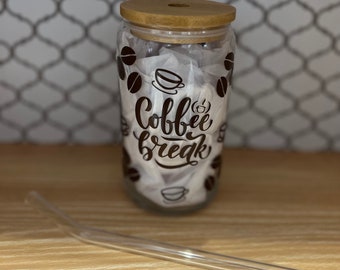 Coffee Break Cup with Bamboo Lid & Glass Straw | Iced Coffee Tumbler