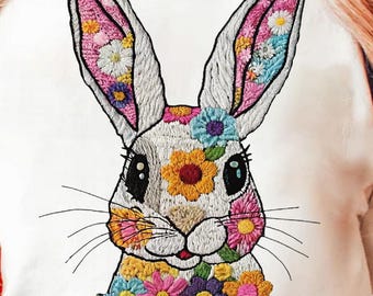 Floral Embroidery Bunny PNG, Embroidery Bunny, Happy Easter PNG, Faux Embroidery, Funny Easter Bunny Png, Flower Easter Sublimation Designs