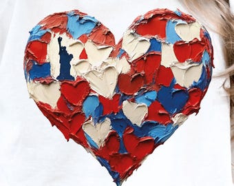4th Of July Day Heart png, Patriotic USA Flag Independence Day Brushstroke Hand Drawn Heart Design / Red White Blue Stars Stripe