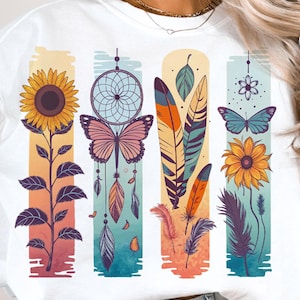 Boho Wildflowers PNG Design, Boho Feathers Flowers PNG Files, Dreamcatcher Sublimation PNG, Butterfly Floral Shirt Png, Tshirt Digital png