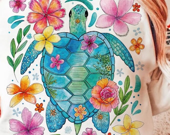 Boho Floral Sea Turtle PNG, Summer Toddler Png, Turtle Png, Beach Png, Turtle Png, Nautical Sublimation Designs, Fisherman Aesthetic Png