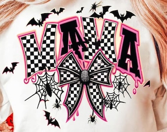 Spooky Mama Neon Png, Halloween Png, Spooky Season Png, Halloween Checkered Png, Spooky vibes Png, Halloween Mama Coquette Bow Sublimation
