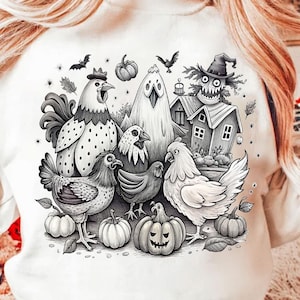 Halloween PNG, poulets effrayants Png, automne Png sublimation design, automne Png, citrouille Png, sorcière Png, fichiers png de poulets de la maison hantée