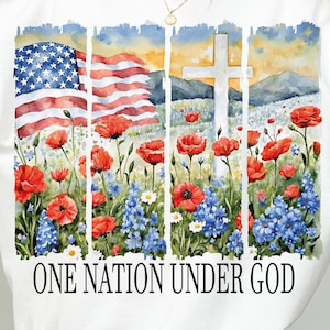 One Nation Under God PNG, 4th of July Christian Patriotic Sublimation PNG, Faith and Freedom Shirt Design PNG, American Flag Cross