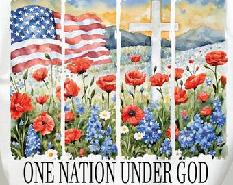 One Nation Under God PNG, 4th of July Christian Patriotic Sublimation PNG, Faith and Freedom Shirt Design PNG, American Flag Cross