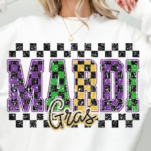 レトロなチェック柄のマルディグラ PNG、グリッターのマルディグラ バーシティ PNG、フルール ド リス PNG、マルディ ビーズ ルイジアナ フェスティバル シャツ、ファット チューズデー PNG