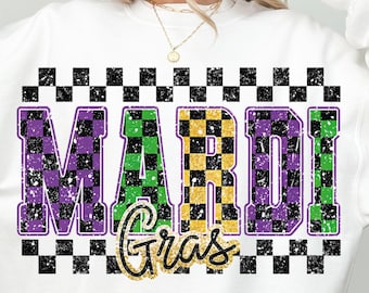 Retro Checkered Mardi Gras PNG, Glitter Mardi Gras Varsity Png, Fleur De Lis Png, Mardi Beads Louisiana Festival Shirt, Fat Tuesday Png