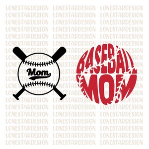 May include: A red baseball with the word "Baseball Mom" written inside. The baseball has white stitching and a black outline. There is a black and white baseball with two crossed bats and the word "Mom" written on it.