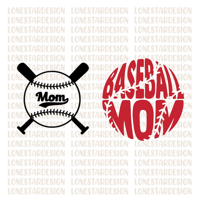 May include: A red baseball with the word "Baseball Mom" written inside. The baseball has white stitching and a black outline. There is a black and white baseball with two crossed bats and the word "Mom" written on it.