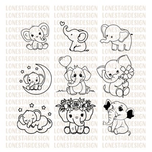 Paquete de elefante bebé SVG Lindo elefante niña archivo recortado Elefante Esquema Baby Shower Girl Camisa Body Kawaii Animal Silhouette Cricut