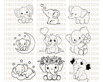 Baby Elephant Bundle SVG Cute Elephant Girl cut file Elephant Outline Baby Shower Girl Shirt Bodysuit Kawaii Animal Silhouette Cricut