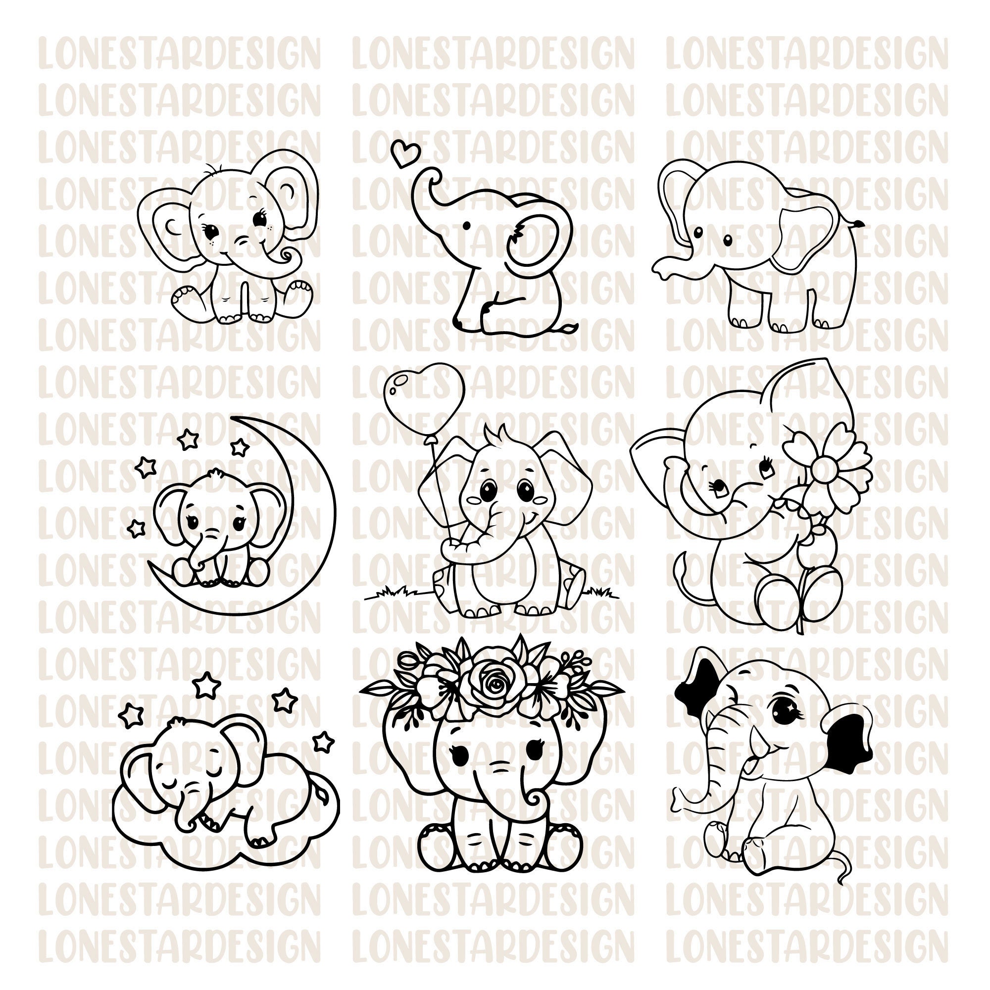 Bébé éléphant Bundle SVG mignon éléphant fille coupe fichier éléphant contour bébé douche fille chemise Body Kawaii Animal Silhouette Cricut