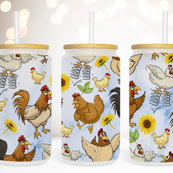 16oz Libbey Glass Can with Chickens Design, Unique Chicken Lover Gift Idea, Farm Animal Inspired Glassware