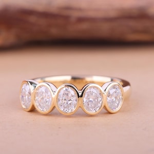 Bezel Set Oval Moissanite Diamond Wedding Band, Half Eternity 14K Gold Bridal Ring, Stackable Ring For Wedding, Unique Matching Ring For Her