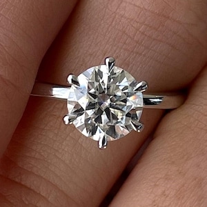 Solitaire Round Moissanite Engagement Ring, 2 CT Round Cut Proposal Ring, Six Prong 14K White Gold Promise Ring, Anniversary gift for her