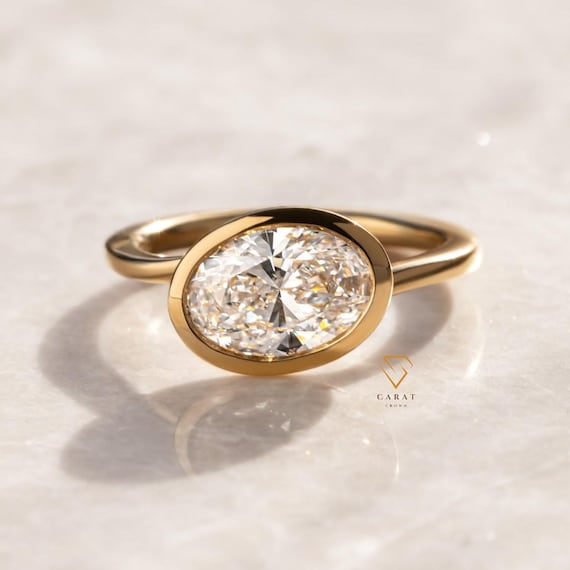 Bezel Set 2CT Oval Moissanite Ring: 18K Yellow Gold Promise Ring