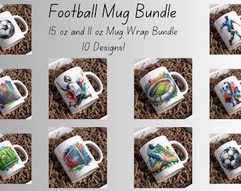 May include: A bundle of 10 different football-themed 11 oz and 15 oz mugs. Each mug features a colorful watercolor design with a different football-related image, such as a soccer ball, a player, a stadium, and a goal.