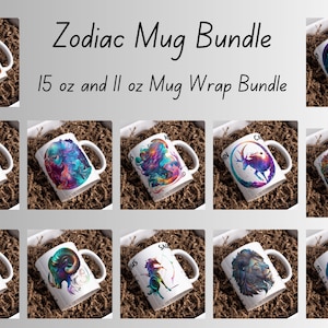 May include: A set of 12 Zodiac themed mugs, each featuring a different astrological sign. The mugs are white with colorful designs and are arranged in a grid pattern. The mugs are 11 oz and 15 oz.