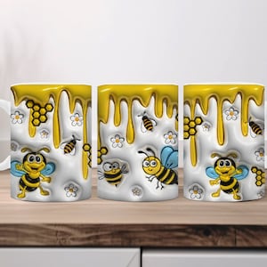 3D Bee Mug Wrap, Inflated Sublimation Design, Honey Bee PNG Wrap, Puffy Mug Design, Ceramic Coffee Cup Template, INSTANT DOWNLOAD
