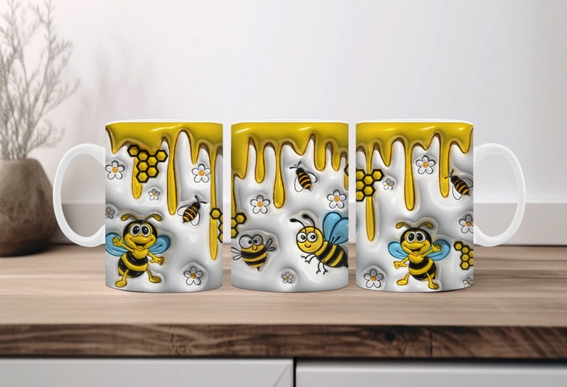 3D Bee Mug Wrap, Inflated Sublimation Design, Honey Bee PNG Wrap, Puffy Mug Design, Ceramic Coffee Cup Template, INSTANT DOWNLOAD