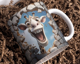 May include: A white ceramic mug with a colorful image of a cartoon giraffe breaking through a brick wall. The giraffe has a wide, toothy grin and is looking directly at the viewer.