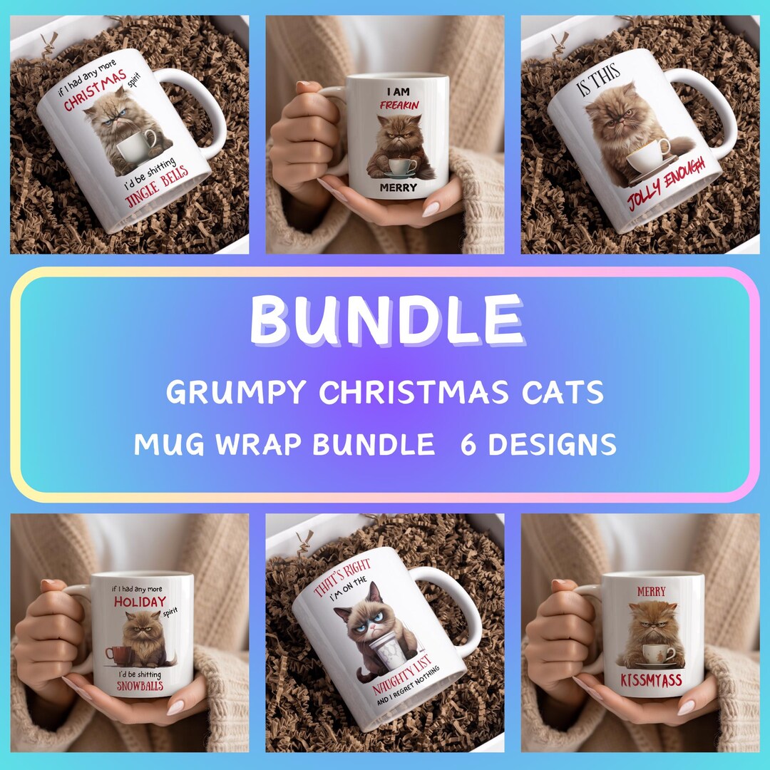 Grumpy Christmas Cat Mug Wrap Designs: Sarcastic Holiday Bundle ...