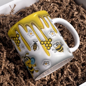 3D Bee Mug Wrap, Inflated Sublimation Design, Honey Bee PNG Wrap, Puffy Mug Design, Ceramic Coffee Cup Template, INSTANT DOWNLOAD
