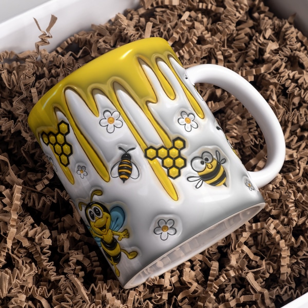 3D Inflated Mug Wrap Heat Press Sublimation Puff Puffy Design Honey Bees PNG 11oz 15oz Digital Download Gifts Template Commercial Use