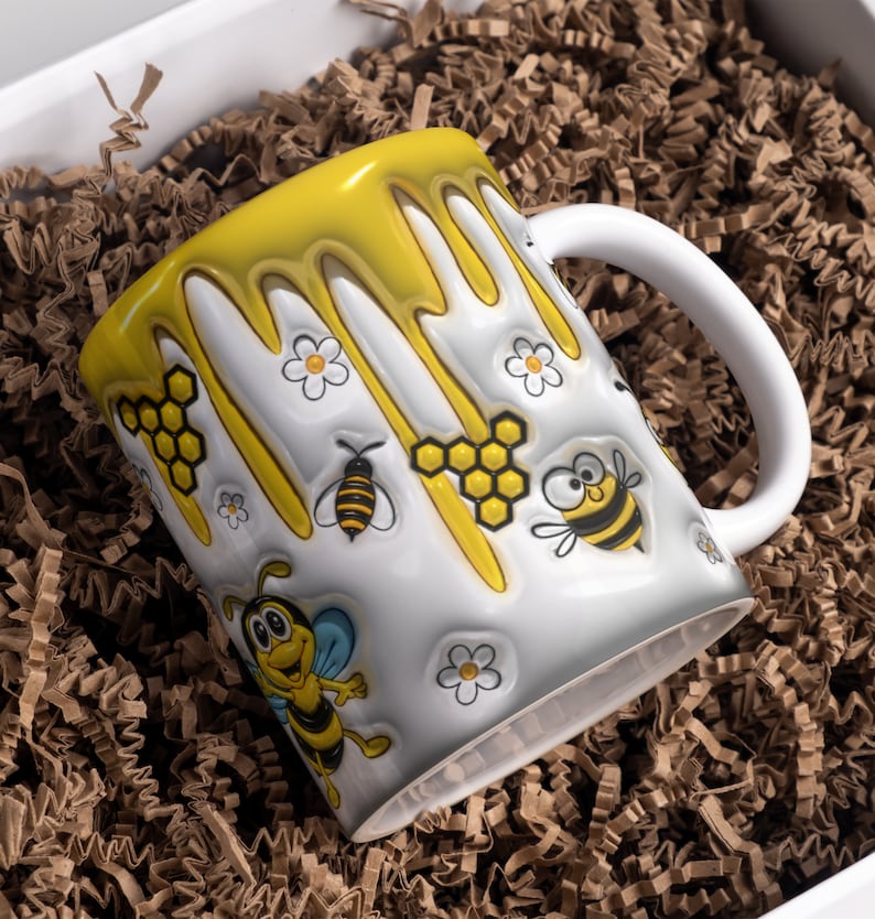 3D Bee Mug Wrap, Inflated Sublimation Design, Honey Bee PNG Wrap, Puffy Mug Design, Ceramic Coffee Cup Template, INSTANT DOWNLOAD