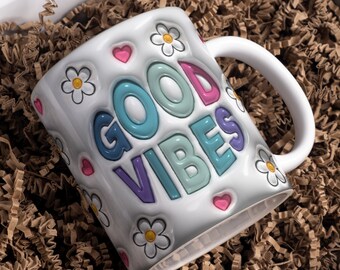 Good Vibes Mug Wrap PNG | Inflated Puff Style Sublimation Design | 11oz 15oz Mug Template | Gift Ideas | Commercial Use
