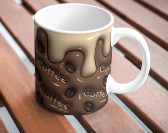 Inflated Coffee Mug Wrap PNG | Inflated Puff Style Sublimation Design | 11oz 15oz Mug Template | Coffee Lover Gift