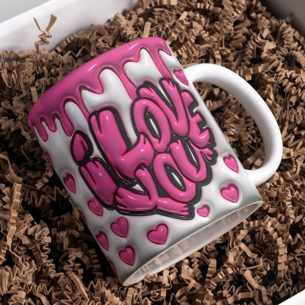 3D Inflated Mug Wrap Heat Press Sublimation Valentine's Day I Love You Hearts 11oz 15oz Mug Template PNG Digital Download Commercial Use
