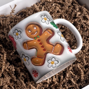 3D Mug Wrap Heat Press Sublimation Aufgeblasene Puff Vorlage Lebkuchen Mann PNG 11oz 15 Unze Download Festliche Weihnachten Weihnachtsgeschenke Kommerzielle Nutzung