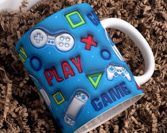 Emballage cadeau Gamer PNG | Conception de sublimation de jeu vidéo | Emballage gonflé pour tasse style bouffée | de 11 oz et 15 oz | Cadeau petit ami papa joueur