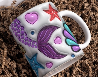 Mermaid Mug Wrap PNG | Inflated Puff Style Sublimation Design | 11oz 15oz Mug Template | Mermaid Lover Gift