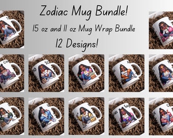 Pacote com 12 adesivos para canecas com temas do zodíaco em PNG | Designs de sublimação para canecas com astrologia | Modelos de adesivos para canecas de 325ml e 445ml | Download instantâneo