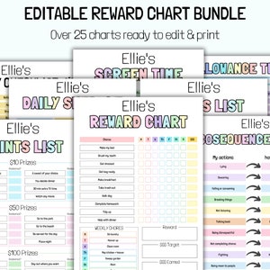 Editable Reward Chart Bundle for Kids | Fun Chore Chart designs | Daily Checklists | Printable Reward System for Kids | Kids Chore Planner