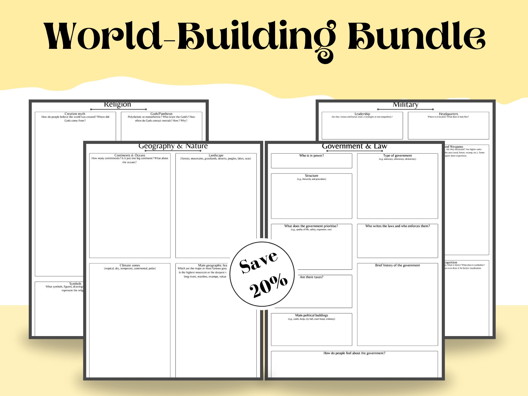 Fantasy Worldbuilding Templates Bundle for Geography, Government Fantasy Worldbuilding Templates Bundle for Geography, Government
