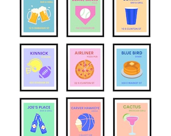 May include: Nine illustrated posters with a retro design featuring different bars and restaurants in a city. Each poster has a different color background and features a different icon representing the type of establishment. The posters are arranged in a 3x3 grid.