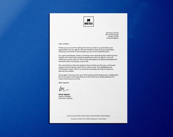 May include: A formal letter of appreciation from Montreux Games to William, thanking him for his support and feedback. The letter is signed by Omar Hassan, Head of Design.