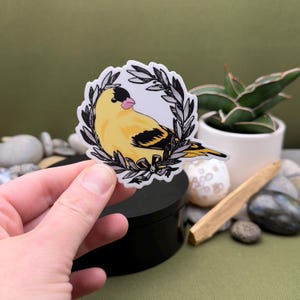 Bright Eyes Inspired Sticker: Yellow Bird, Silver Wreath, "We Are Nowhere and It's Now"