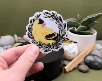 Bright Eyes Inspired Sticker: Yellow Bird, Silver Wreath, "We Are Nowhere and It's Now"