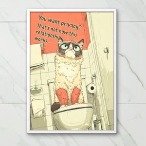 Op de afbeelding: Ingelijste print met een chagrijnige kat op een toilet. De kat heeft een bruin-witte vacht en rode poten. De print bevat de tekst: "You want privacy? That's not how this relationship works..."