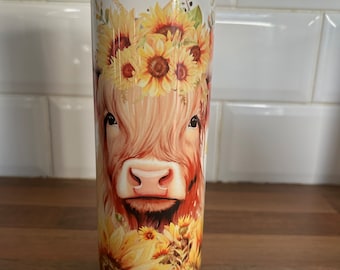 Copo térmico de 590ml com estampa de girassol e vaca das Terras Altas / Presente / Presente atencioso